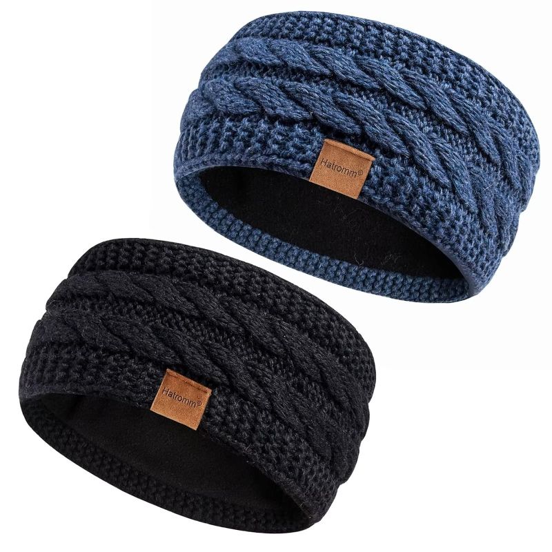 Photo 1 of Hatromm Winter Headbands for Women Wool 2 Pack, Ear Warmers for Women Headband Knit Thick Fleece Lined, Cold Weather Warm Ear Muffs(Black+Denim)
