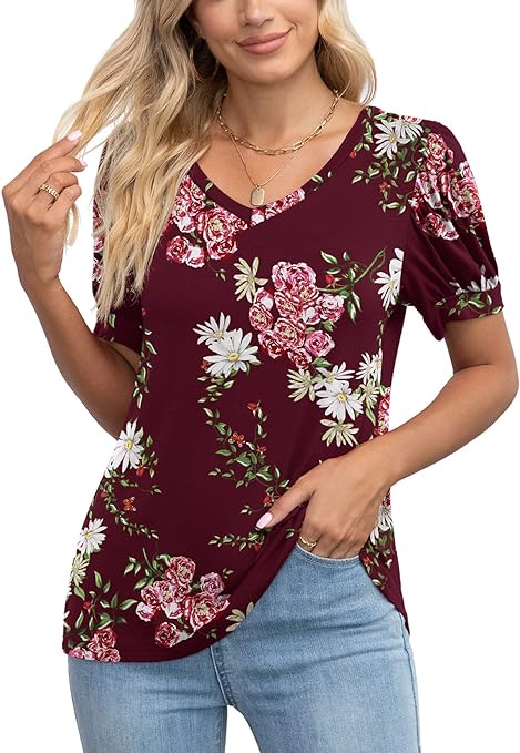 Photo 1 of LILBETTER Women Summer Tops Casual V-Neck T-Shirts Loose Puff Short Sleeve Tunic Blouse S
