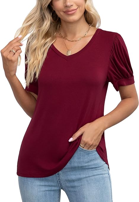 Photo 1 of LILBETTER Women Summer Tops Casual V-Neck T-Shirts Loose Puff Short Sleeve Tunic Blouse S
