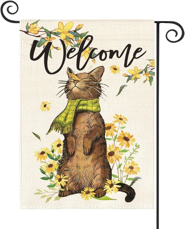 Photo 1 of  2 PACKS - AVOIN colorlife Spring Summer Flower Cat Garden Flag 12x18 Inch Double Sided Outside, Yellow Daisy Sunflower Welcome Yard Outdoor Flag
