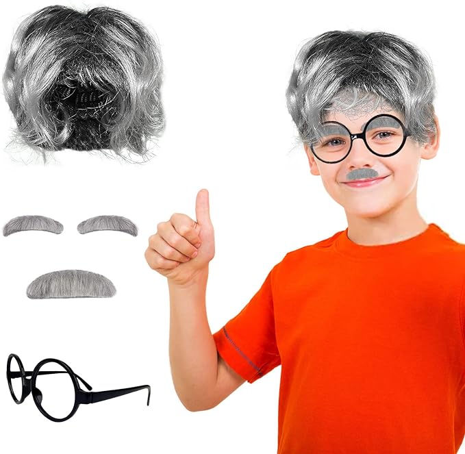 Photo 1 of Old Man Costume for Kids,100th Day Of School Grandpa Costume Accessories Including Old Man Wig, Glasses, Moustache & Eyebrows for Halloween Costume Cosplay
