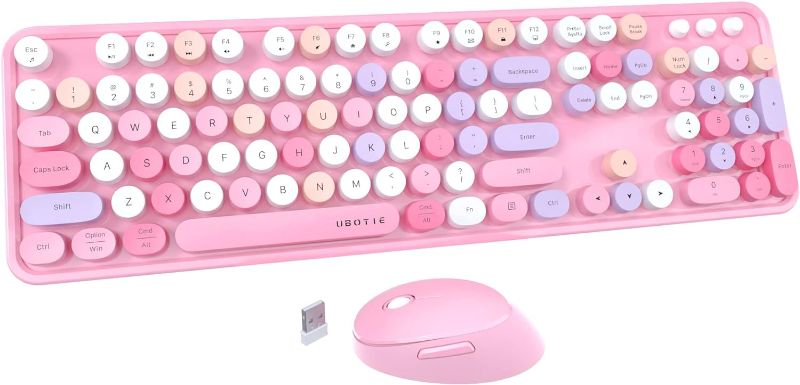 Photo 1 of UBOTIE Colorful Computer Wireless Keyboard Mice Combo, Retro Typewriter Flexible Keys Office Full-Sized Keyboard, 2.4GHz Dropout-Free Connection and Optical Mouse (Pink-Colorful)
