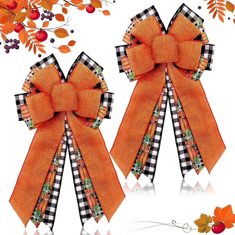 Photo 1 of 2 Pcs Fall Bow Wreath Thanksgiving Wreath Burlap Bow Fall Orange Pumpkin Wreath Bow Decor Buffalo Plaid Bow Tree Topper for Indoor Outdoor Wall Party Decoration, 10 x 18 Inch (Retro Style)
