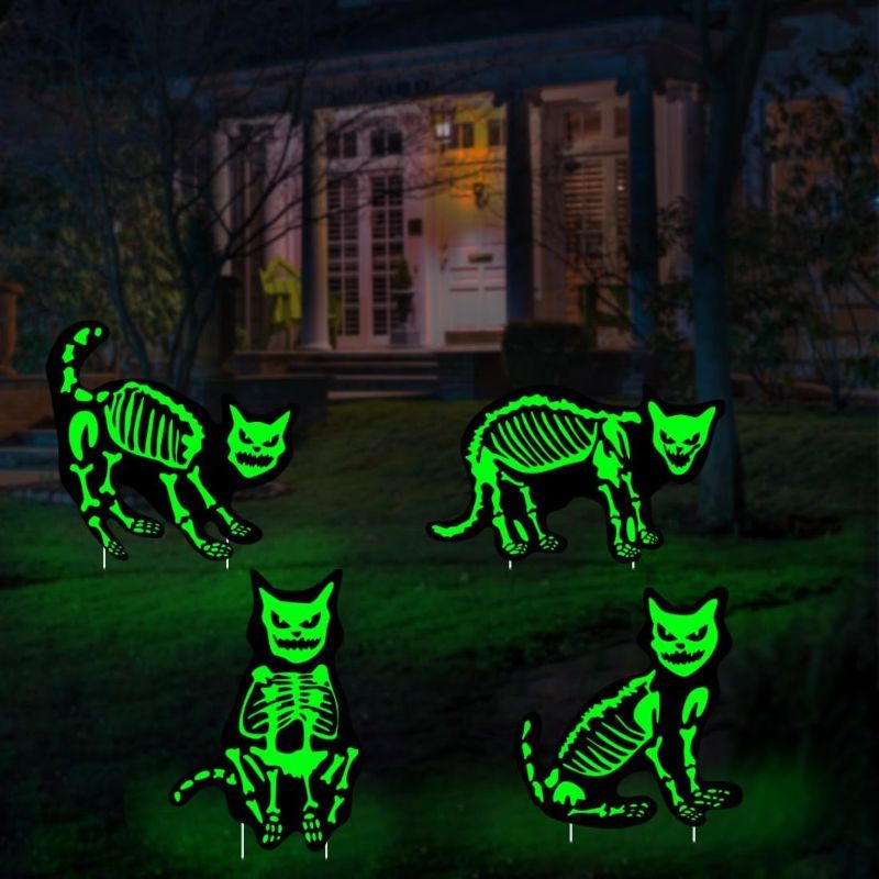 Photo 1 of 4 PcsHalloween Decorations Outdoor Yard Signs with Stakes,Reflective Black Cat Silhouette Glow in the Dark, Scary Family Home Front Halloween Decor
