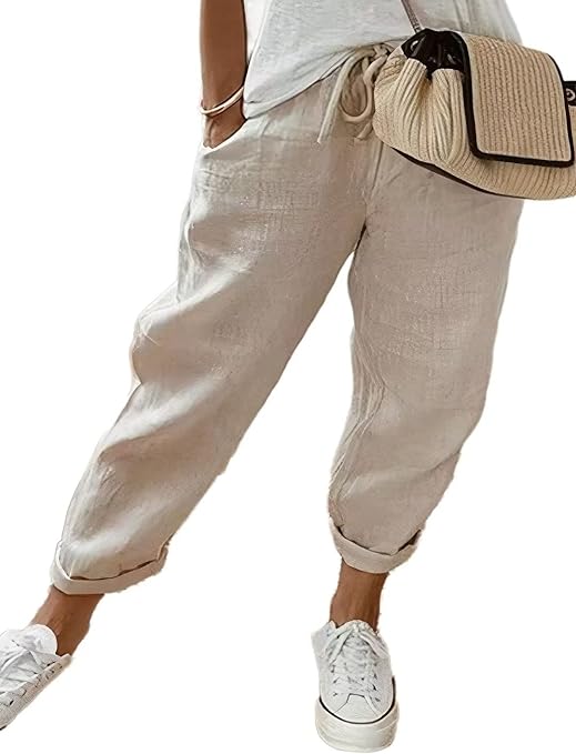 Photo 1 of Flamingals Linen Pants for Women Solid Drawstring Waist Slant Pocket 2023 Trendy -- Size Large 
