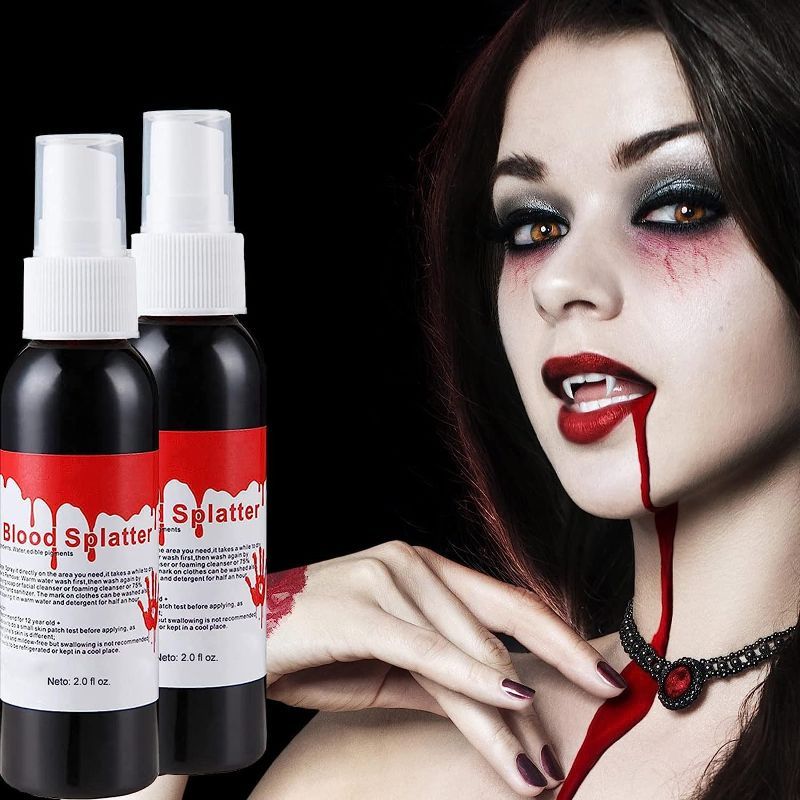 Photo 1 of 2PCS Blood Splatter 2.0 fl oz, Makeup Blood Splatter,Fake Blood Spray, Halloween Liquid Blood for Clothes, Zombie, Vampire and Monster SFX Makeup and Dress Up -- 2 Pack
