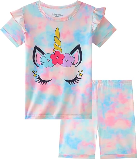 Photo 1 of Dolphin&Fish Kids Short Pjs Girls Summer Pajamas Toddler Cotton Set Tie-dyed Children Clothes- SIZE 8 
