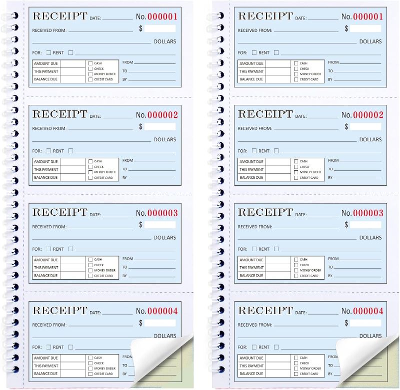 Photo 1 of 2 Packs Receipt Book with Carbon Copies,Money and Rent Receipt Book,2-Part Carbonless,5.31" x 11.22",Spiral Bound,Yellow and Blue Copy,200 Sets per Book
