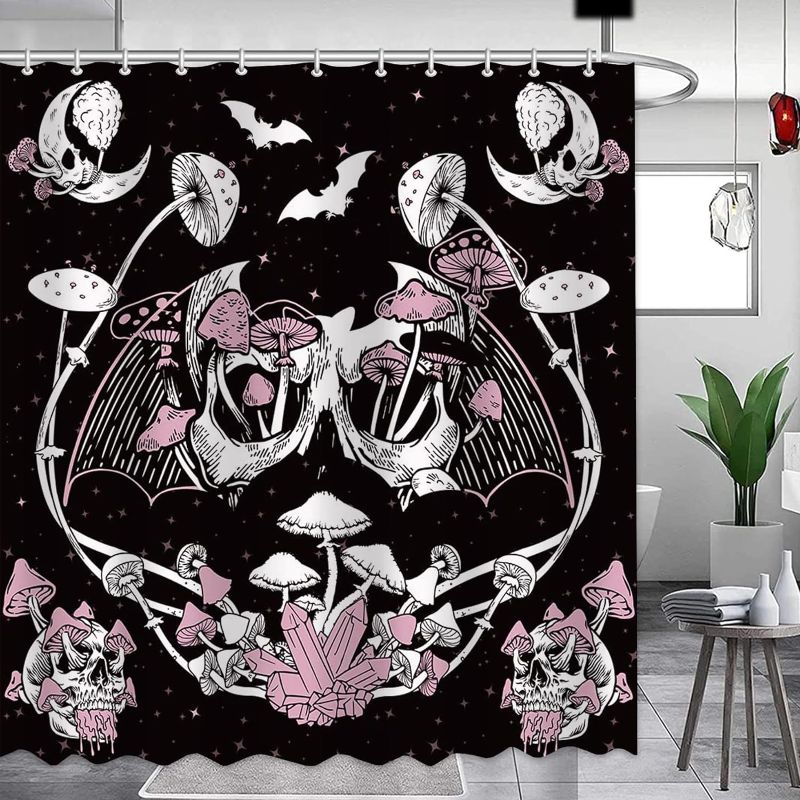 Photo 1 of APROPHIC Fantasy Shower Curtain for Bathroom Decor Halloween Skull Bat Mushroom Bath Curtain 72 X 72 Inch Art Starry Sky Bathroom Curtain with 12 Hooks
