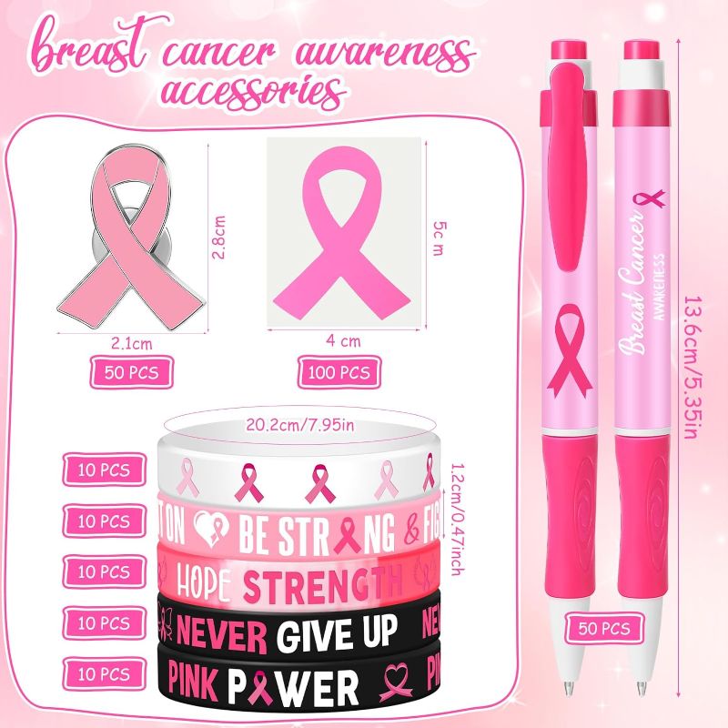 Photo 1 of 250 Pcs Breast Cancer Awareness Accessories for Women Include 50 Cancer Awareness Ribbon Pen 50 Pink Ribbon Bracelets 50 Breast Cancer Pins 100 Breast Cancer Stickers Gifts Bulk
