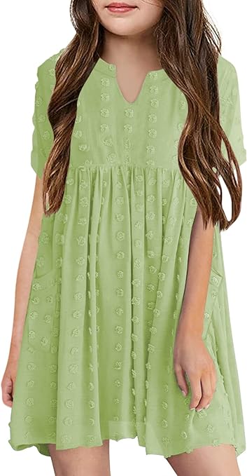 Photo 1 of Girls V-Neck Flowy Chiffon Dress Kids Swiss Dot Casual Babydoll Party Swing Mini Dress 5-6 Yrs
