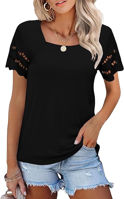 Photo 1 of Ladiyo Womens Square Neck Tops Summer Lace Sleeve T Shirts Loose Casual Solid Color Blouse. XXL
