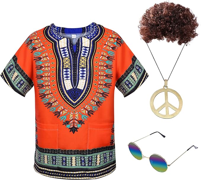 Photo 1 of Alaiyaky Mens 70s Hippie Costume Shirt Set Adult Hippie Costume for Men with Brown Wig Necklace Sunglasses XL