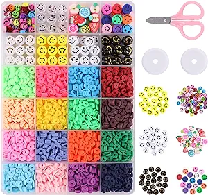 Photo 1 of 3300 pcs Clay Beads for Bracelet Making Kit with 7 Kinds of Smiley Face Beads, Colorful Polymer Disc Clay Beads Fruit Beads Kit with Elastic Cords for Jewelry Making Supplies( Include organizing Box )
