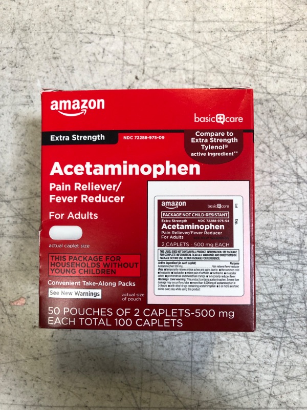 Photo 2 of Amazon Basic Care Extra Strength Acetaminophen Caplets 500 mg, Pain Reliever and Fever Reducer, 50 Pouches of 2 Caplets Each, Total 100 2 Count (Pack of 50) Extra Strength (EXP 12/2024)