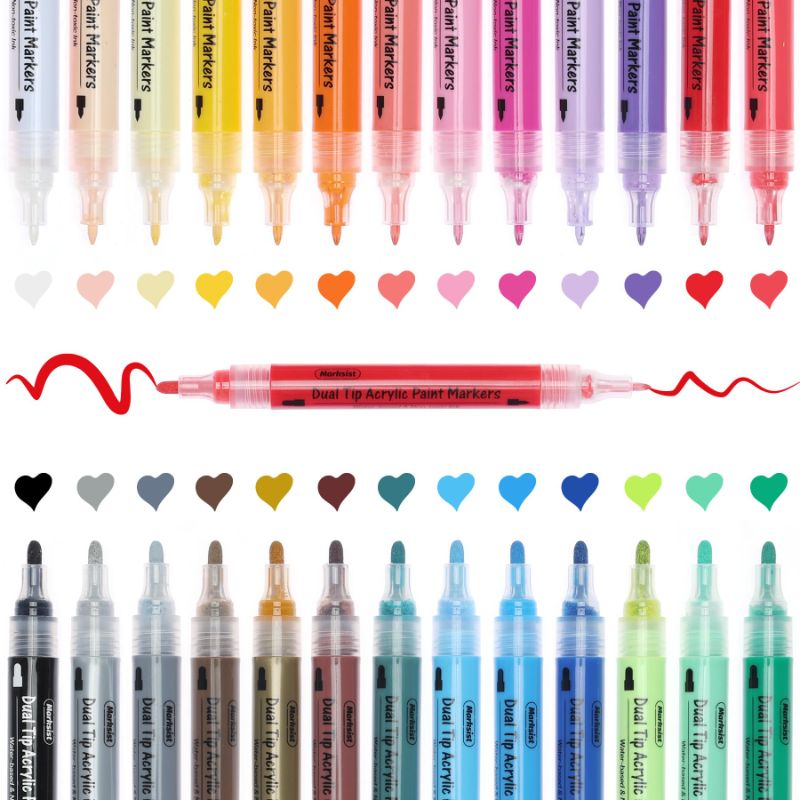 Photo 1 of MARKSIST 26 Colors Acrylic Paint Markers, Dual Tips Acrylic Paint Pens - 1mm Extra Fine Tip & 5mm Medium Tip, Non-toxic Acrylic Marker Pens for Rock, Wood, Paper, Canvas, Arts and Crafts