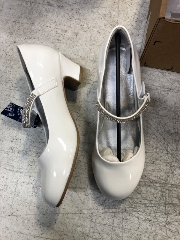 Photo 2 of  Girls 1" Low Heel Dress Shoe with Rhinestone Strap White 6