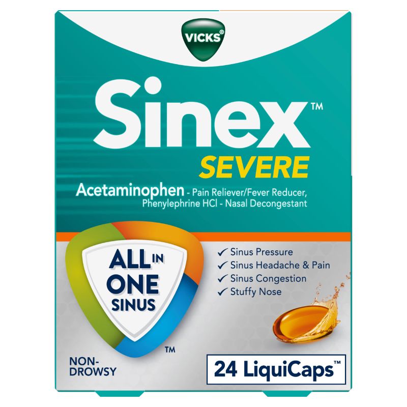 Photo 1 of Vicks Sinex SEVERE LiquiCaps, All-In-One Sinus Relief, Non-Drowsy, Nasal Decongestant, Maximum Strength Relief of Sinus Headache, Pain, Pressure, & Congestion, 24 LiquiCaps (BB 07/2025)