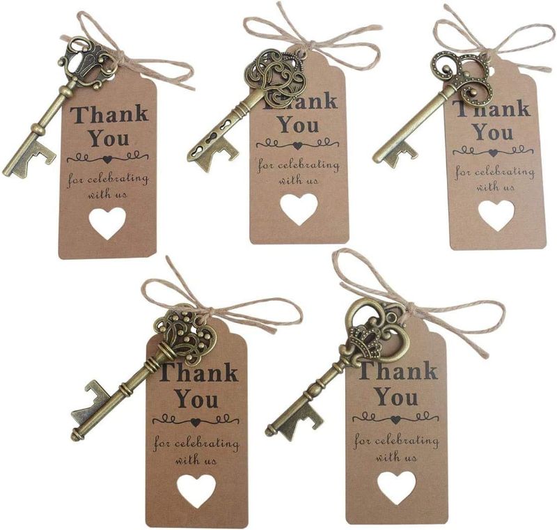 Photo 1 of 50 Pcs Bronze Skeleton Key Beer Bottle Opener With 100 Pcs Thank You Card and 98 Feet Hemp Rope for Wedding Party Favors (50pcs Bronze)
