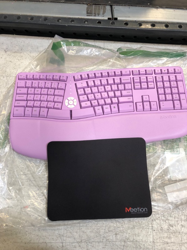 Photo 2 of MEETION Ergonomic Keyboard, Split Wireless Keyboard with Cushioned Wrist, Palm Rest, Curved, Natural Typing Full Size Rechargeable Keyboard with USB-C Adapter for PC/Computer/Laptop/Windows/Mac,Purple
