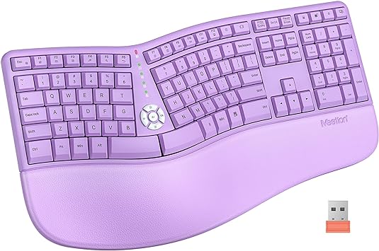 Photo 1 of MEETION Ergonomic Keyboard, Split Wireless Keyboard with Cushioned Wrist, Palm Rest, Curved, Natural Typing Full Size Rechargeable Keyboard with USB-C Adapter for PC/Computer/Laptop/Windows/Mac,Purple
