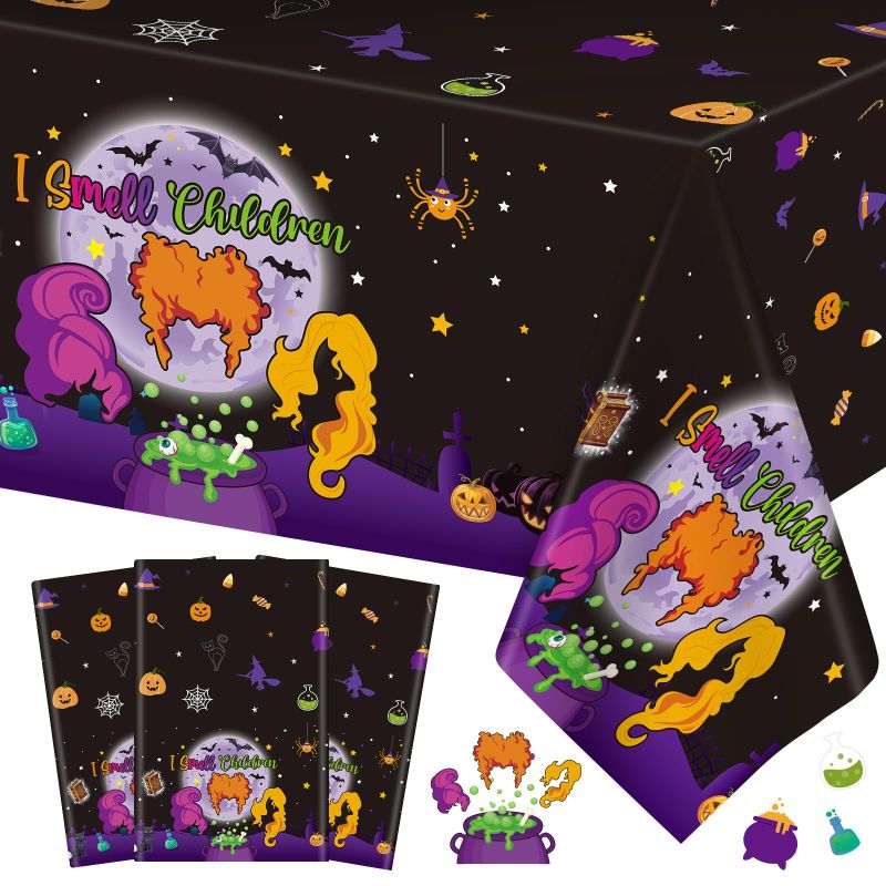 Photo 1 of 3 Pack Halloween Hocus Pocus Tablecloth, I Smell Children Halloween Table Cloth Witch Disposable Rectangular Platstic Table Covers for Halloween Party Decorations Table Decor Supplies, 108 x 54 Inch