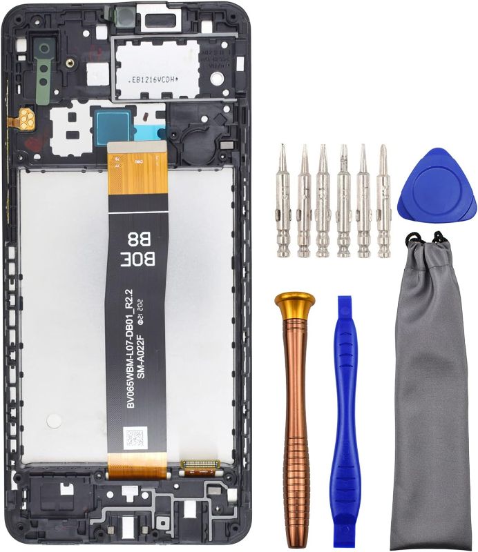 Photo 1 of Complete Screen LCD Digitizer Touch Assembly Replacement for Samsung Galaxy A02 SM-A022F with Tool Kit and Screen Frame Installed Black 6.5"
