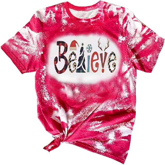 Photo 1 of Believe Christmas Bleached T-Shirt Women Christmas Plaid Leopard Graphic Shirt Funny Letter Print Xmas Holiday Tops Medium 