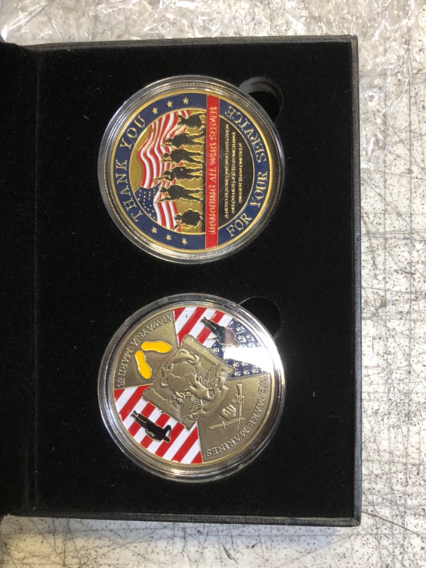 Photo 2 of 2 Pack U.S. Military Veterans & Marine Corps League Challenge Coin - USMC Military Coin Collection with Display Case