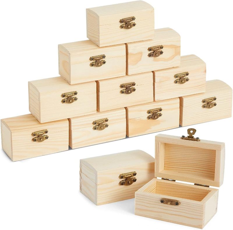 Photo 1 of 12 Pack Unfinished Wooden Boxes for Crafts, Party Favors for Birthday Parties, Baby Shower, Treasure Chest with Lid and Clasp, Pirate Decorations (3.5 x 2.2 x 2 In)
