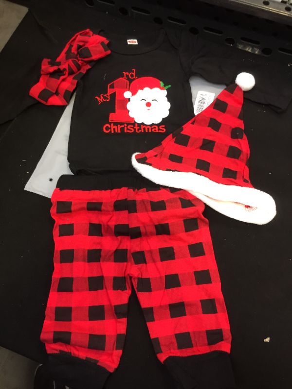 Photo 1 of Baby Boys OR Girls My 1st Christmas Outfits My First Christmas Letter Print Romper+Red Plaid Pants +Hat - SIZE 6-9M
