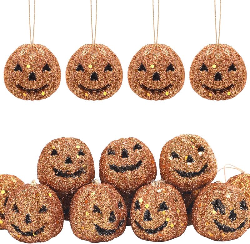 Photo 1 of 30 Pieces Mini Foam Pumpkin Hanging Ornaments Halloween Glitter Mini Artificial Pumpkins Funny Miniature Eyeball for Crafts Face Glitter Pumpkin Decorations for Party Tree Decor(Pumpkin)
