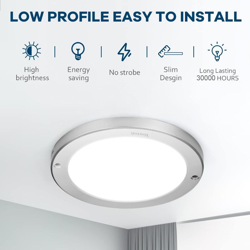 Photo 1 of Youtob LED Flush Mount Ceiling Light, 15W 100 Watt Equivalent, 1200lm Brushed Silver Round Lighting Fixture for Closets, Kitchens, Stairwells, Basements, Bedrooms, Washrooms(4000K Cool White-2 Pack)

