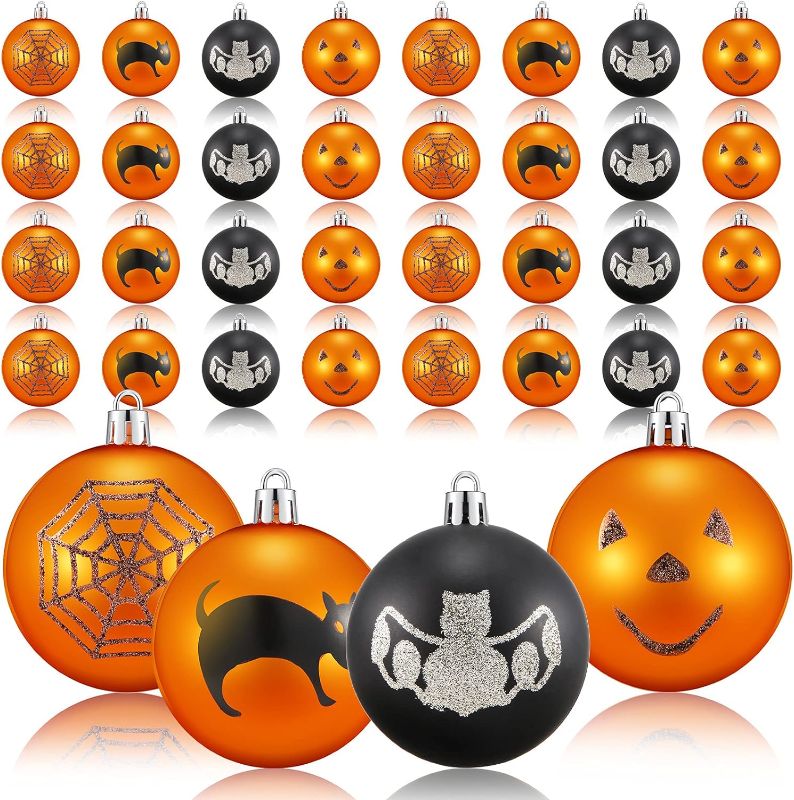 Photo 1 of 36 Pieces Halloween Ball Ornament for Tree Halloween Decoration Hanging Tree Ornament Halloween Wreath Ball Set Ornaments for Halloween Party Christmas House Hotel Decoration, 2.4 Inch (Gold, Black)
