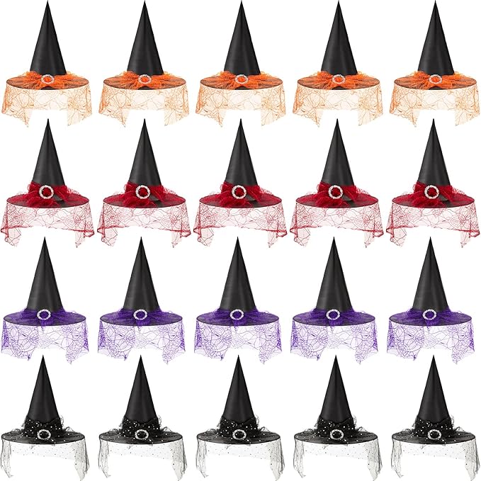 Photo 1 of 20 Pcs Halloween Witch Hats with Soft Lace Mesh Vintage Witch Hat See Through Lace Veils Printed Witch Hat Halloween Costume Accessories for Women Cosplay Carnival Party Supplies, 4 Colors
