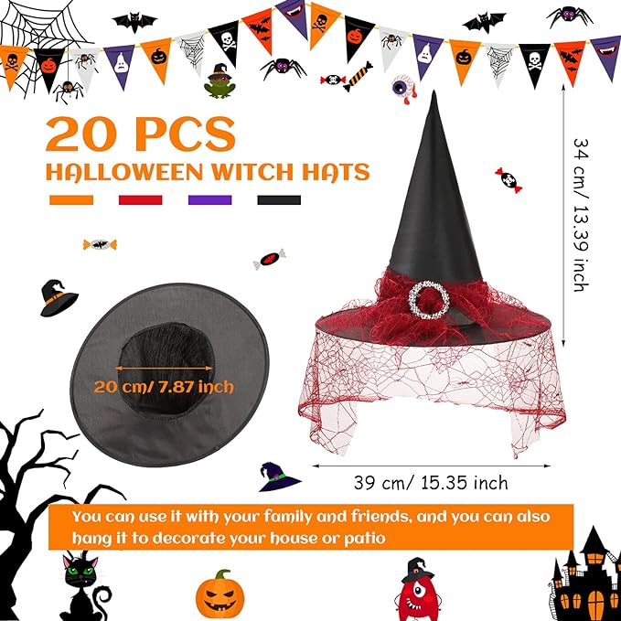 Photo 1 of 20 Pcs Halloween Witch Hats with Soft Lace Mesh Vintage Witch Hat See Through Lace Veils Printed Witch Hat Halloween Costume Accessories for Women Cosplay Carnival Party Supplies, 4 Color
