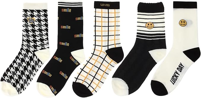 Photo 1 of AMYETAILEEN Smile Crew Women 5pairs Socks - Checkered Happy Neutral Girls Fun Warm Cozy cotton Casual Fuzzy Canvas
