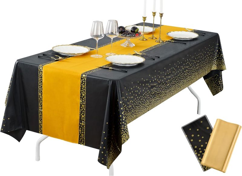 Photo 1 of 16 Pack Plastic Tablecloths 54" x 108" with Satin Table Runner 12" x 108", Disposable Tablecover for Rectangle Table for Wedding Party Birthday Halloween Horror Parties
