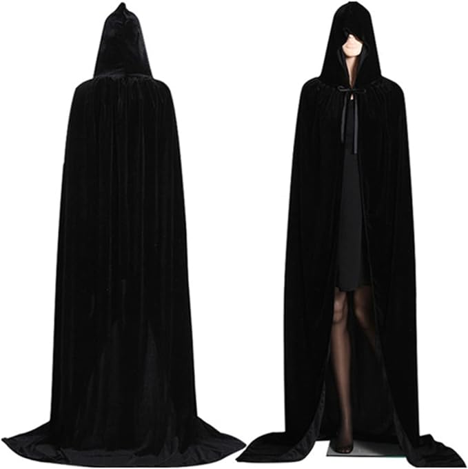 Photo 1 of SQCS Unisex Full Length Hooded Robe Cloak Long Velvet Cape Halloween Witch Wizard Vampire Cosplay Costume Adult Woman Man Cloaks Black
