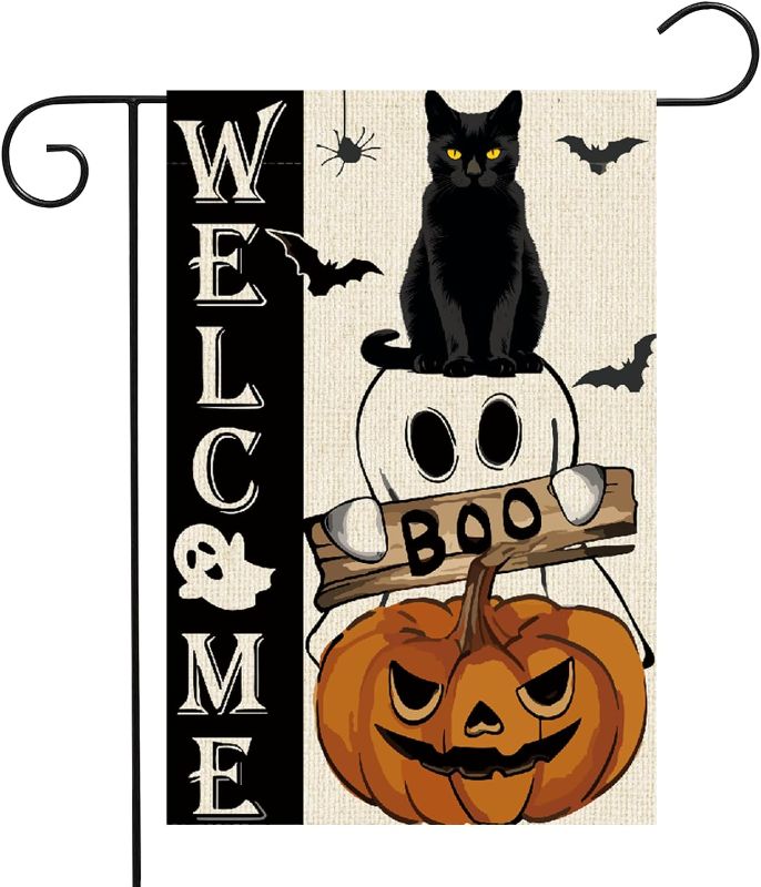 Photo 1 of 12 x 18 Inches Halloween Welcome Garden Flag Decorations, Double Sided Vertical Burlap Black Cat BOO Ghost Pumpkin Spooky Holiday Yard Flag Indoor Outdoor House Patio Lawn Outside Décor Party Supplies
