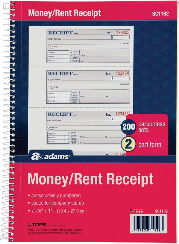 Photo 1 of Adams Money and Rent Receipt Book, 2-Part Carbonless, 7-5/8" x 11", Spiral Bound, 200 Sets per Book, 4 Receipts per Page (SC1182), White/Canary
