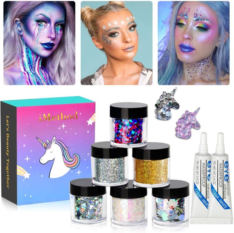 Photo 1 of iMethod Body Glitter - 6 Jars Holographic Cosmetic Face Glitter, for Festival & Halloween Alien Makeup
