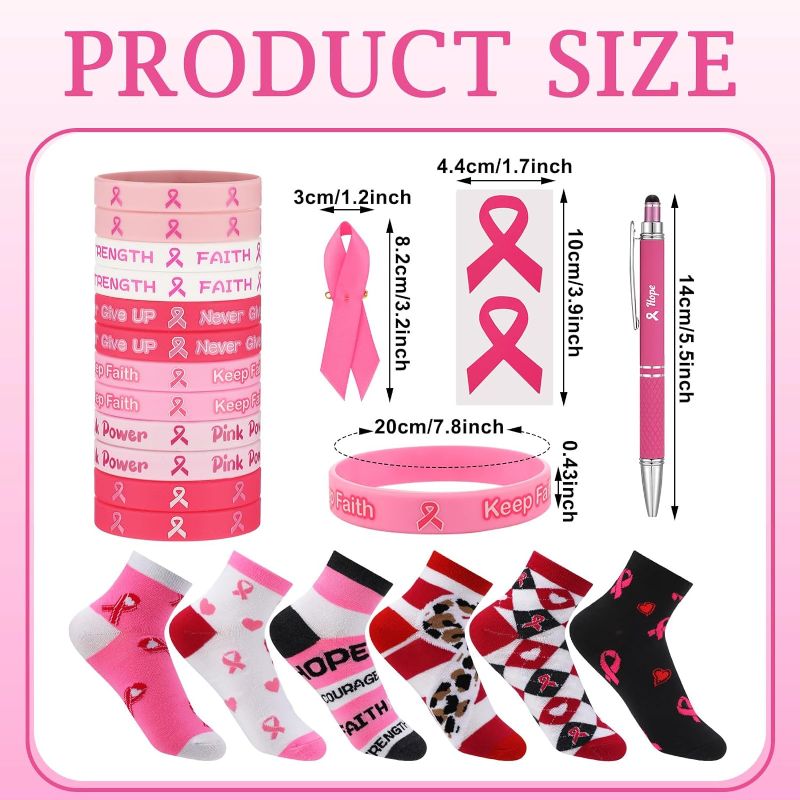 Photo 1 of 144 Pcs Breast Cancer Awareness Accessories 24 Breast Cancer Socks 24 Pink Ribbon Silicone Bracelets Rubber Wristband 24 Retractable Ballpoint Pens Black Ink 24 Ribbon Pins and 48 Pink Ribbon Stickers
