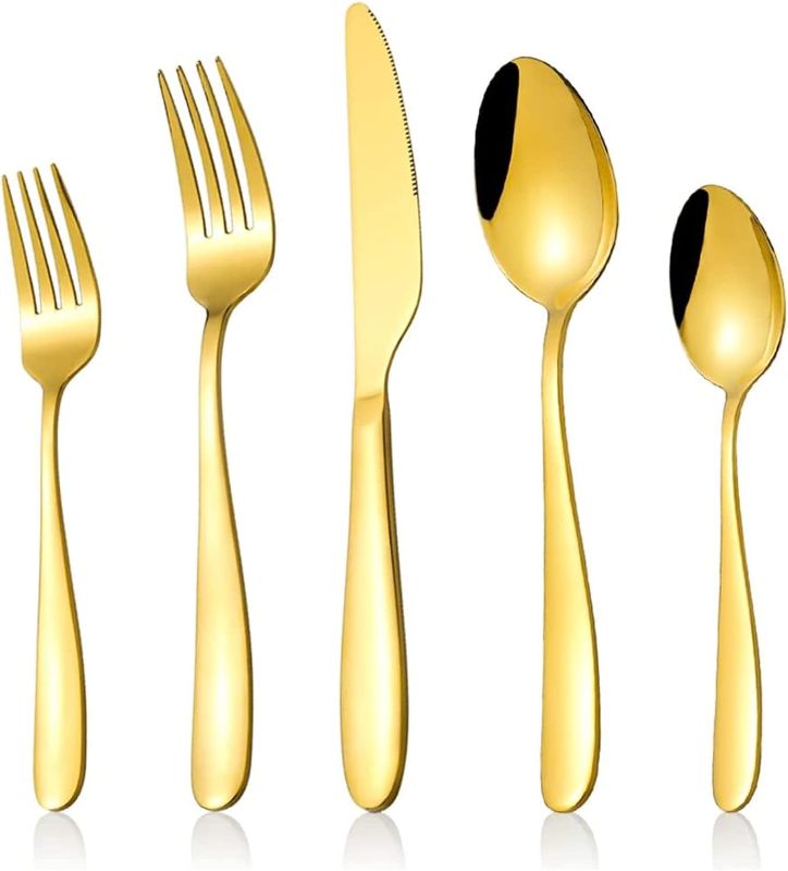 Photo 1 of 60-Piece Gold Silverware Set, CXJY Stainless Steel Flatware Set for 12, Kitchen Utensils cutlery with Titanium Golden Plated Include Spoons Forks Knives
