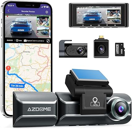 Photo 1 of AZDOME M550 Pro 3 Channel 4K Dash Cam, 4K+1080P Front and Rear, 1440P+1440P+1080P Three Way Triple Car Camera, Built-in 5GHz WiFi GPS, 64GB Card Included, IR Night Vision, Capacitor, 24H Parking Mode
