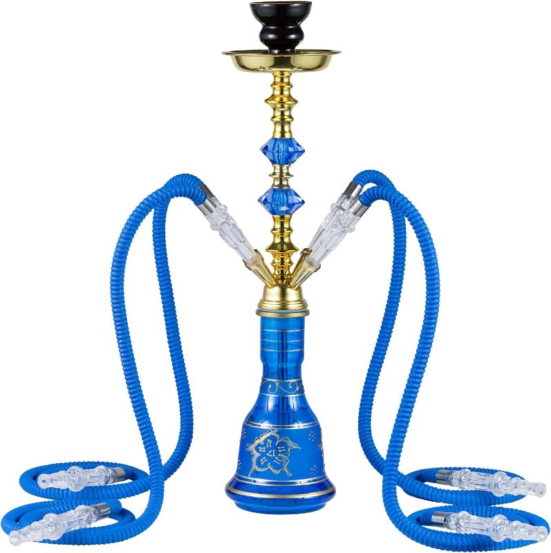 Photo 1 of 20" Premium 4 Hose Hookah Set - Aluminum Hookah Kit Thickened Glass Vase Base with Coal Tongs Ashtray and Ceramic Bowl (4 Hose Blue)
