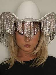 Photo 1 of IZUS Rhinestone-Fringe Felt Cowgirl Hat - Diamond-Tape-Crown Western Cowboy Hat Bachelorette Party Bride Disco Costume
