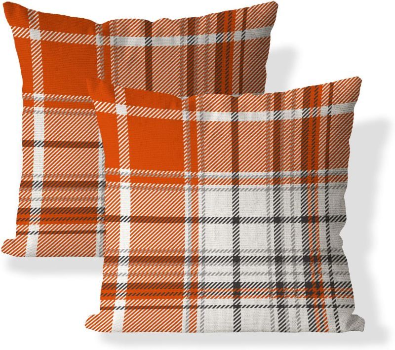 Photo 1 of AOFANGGO Set of 2 Fall Pillow Covers Autumn Decorative Throw Pillow Cases 18x18 Inch Orange Plaids Cushion Covers Faux Linen,Farmhouse,Thanksgiving,Home Décor
