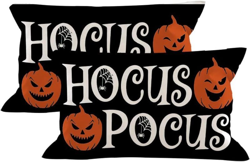 Photo 1 of AOFANGGO Set of 2 Black Halloween Lumbar Pillowcases Halloween Pillow Covers Hocus Pocus & Pumpkin Designs Pillow Faux Linen 12x20 Inches
