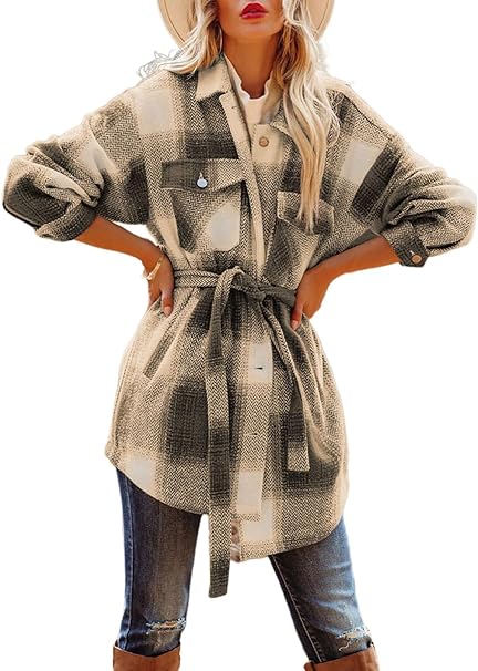 Photo 1 of EVALESS Color Block Plaid Shacket Jacket Womens Fall Fashion 2023 Outfits Long Sleeve Button Down Flannel Shirts Coats Khaki XL